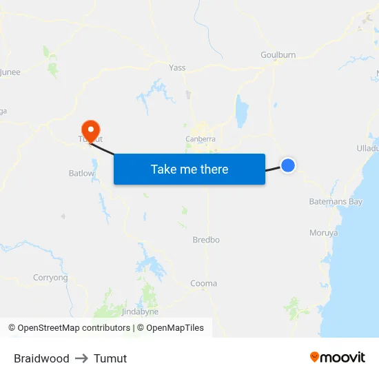 Braidwood to Tumut map
