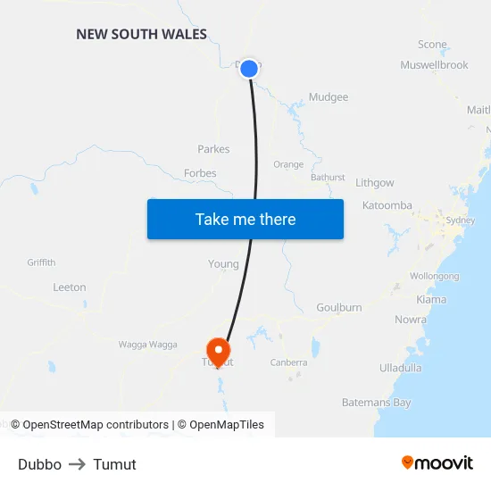 Dubbo to Tumut map