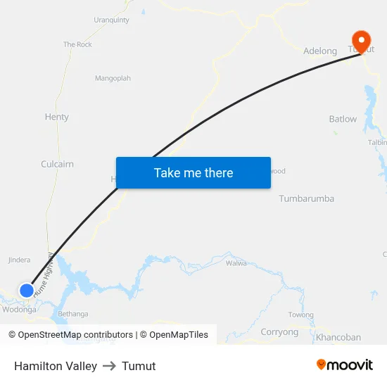 Hamilton Valley to Tumut map