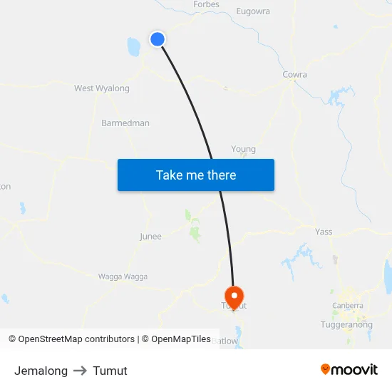 Jemalong to Tumut map