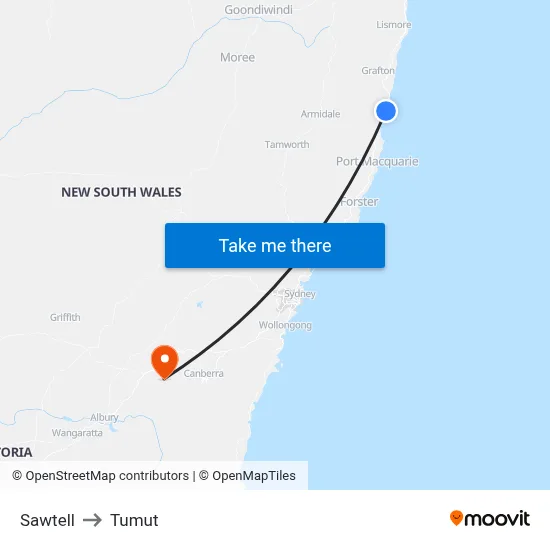Sawtell to Tumut map