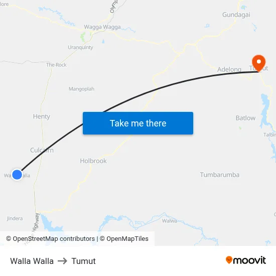 Walla Walla to Tumut map