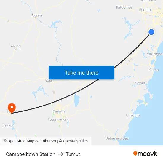 Campbelltown Station to Tumut map