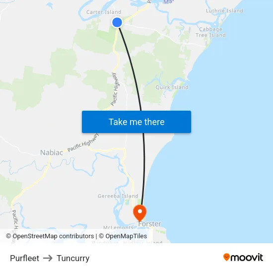 Purfleet to Tuncurry map