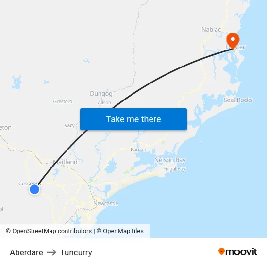 Aberdare to Tuncurry map