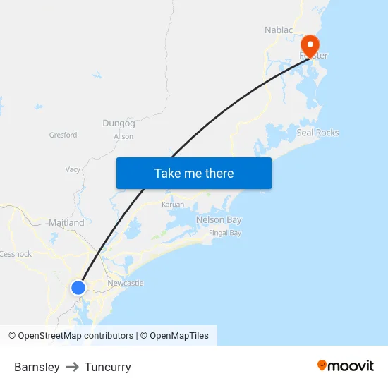 Barnsley to Tuncurry map