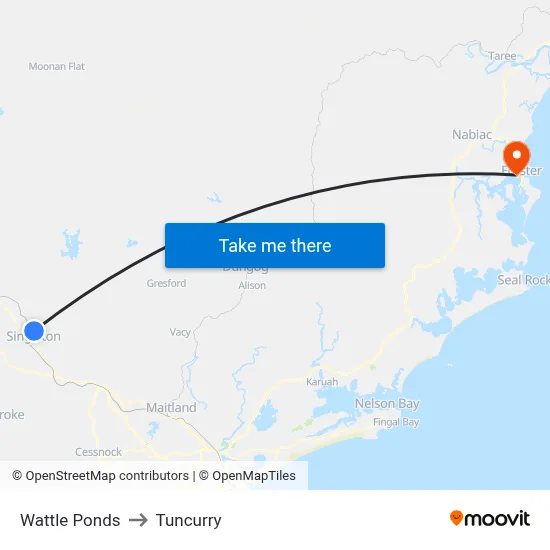 Wattle Ponds to Tuncurry map