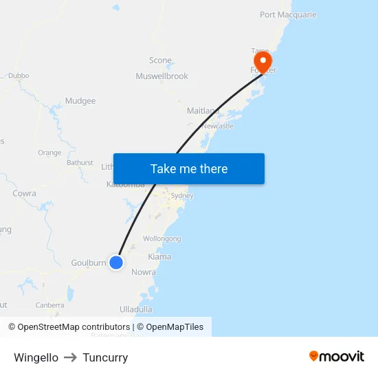 Wingello to Tuncurry map