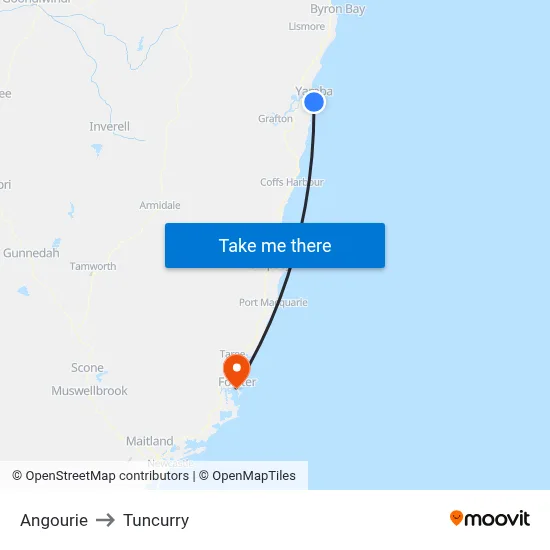 Angourie to Tuncurry map