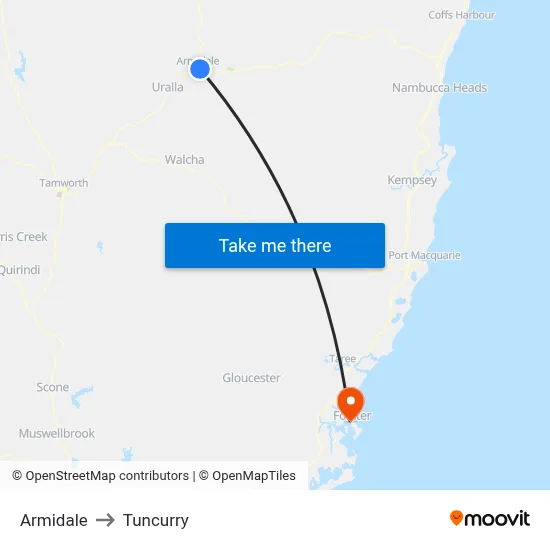 Armidale to Tuncurry map