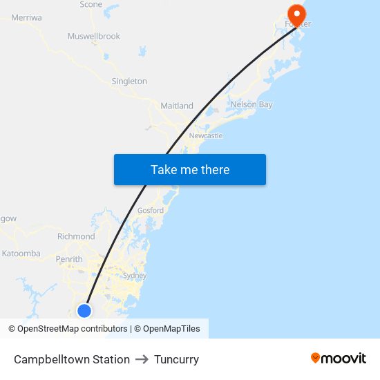 Campbelltown Station to Tuncurry map