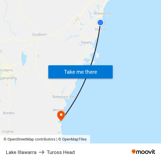 Lake Illawarra to Tuross Head map