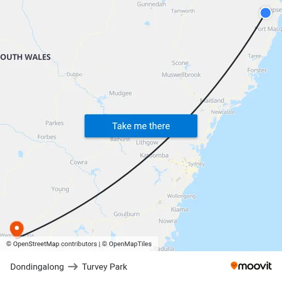 Dondingalong to Turvey Park map