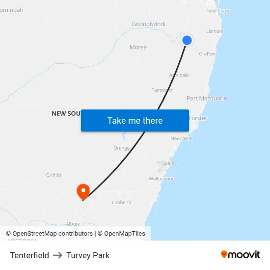 Tenterfield to Turvey Park map