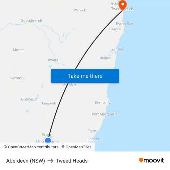 Aberdeen (NSW) to Tweed Heads map