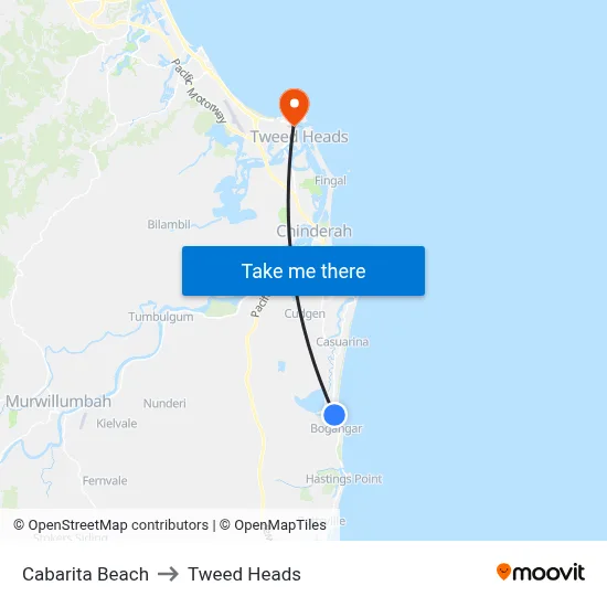 Cabarita Beach to Tweed Heads map