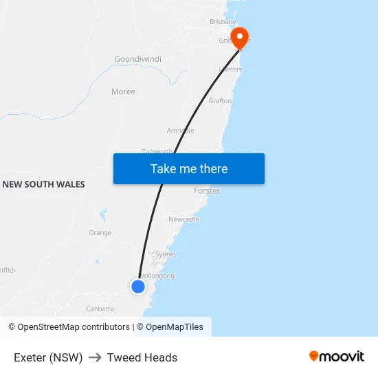Exeter (NSW) to Tweed Heads map