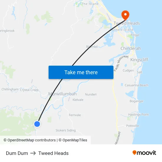 Dum Dum to Tweed Heads map