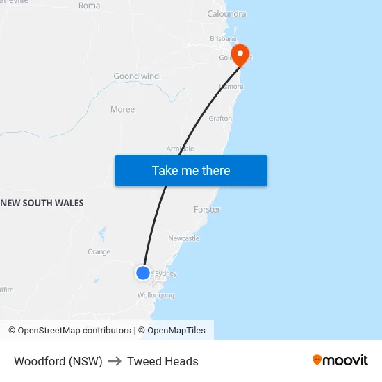 Woodford (NSW) to Tweed Heads map
