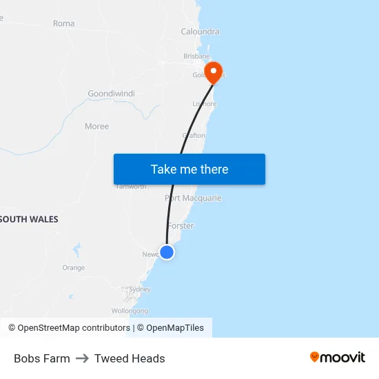 Bobs Farm to Tweed Heads map