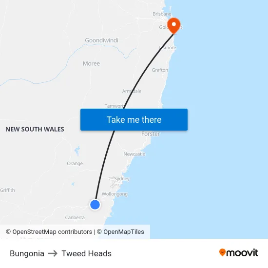 Bungonia to Tweed Heads map