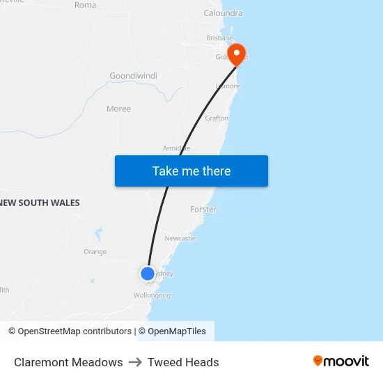 Claremont Meadows to Tweed Heads map
