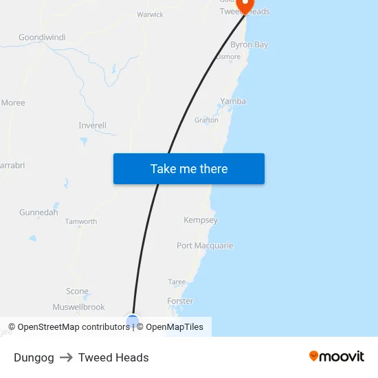 Dungog to Tweed Heads map