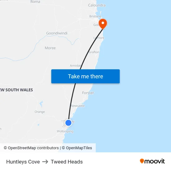 Huntleys Cove to Tweed Heads map