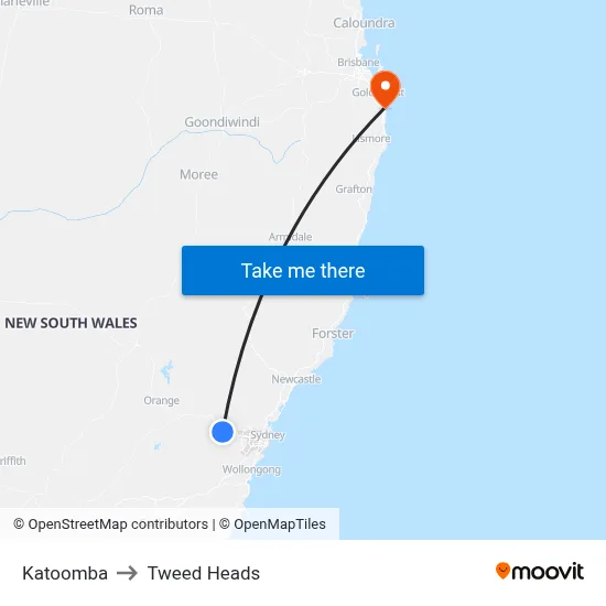 Katoomba to Tweed Heads map