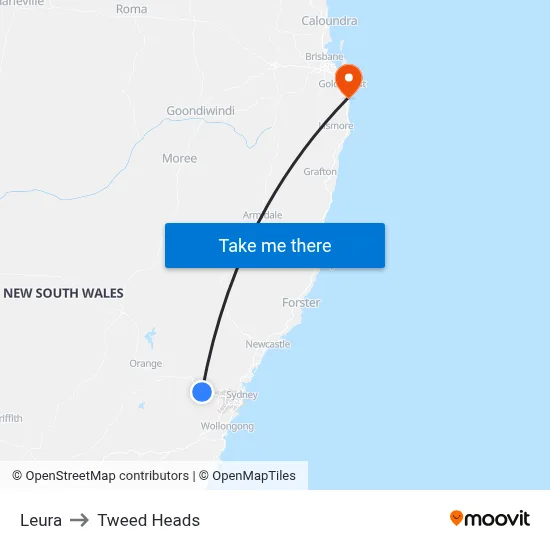 Leura to Tweed Heads map