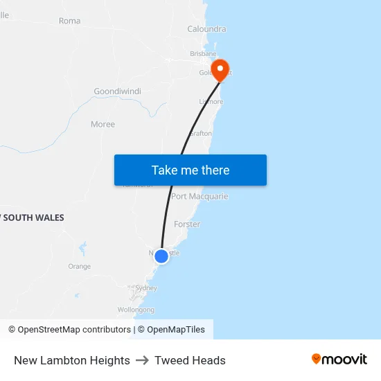 New Lambton Heights to Tweed Heads map