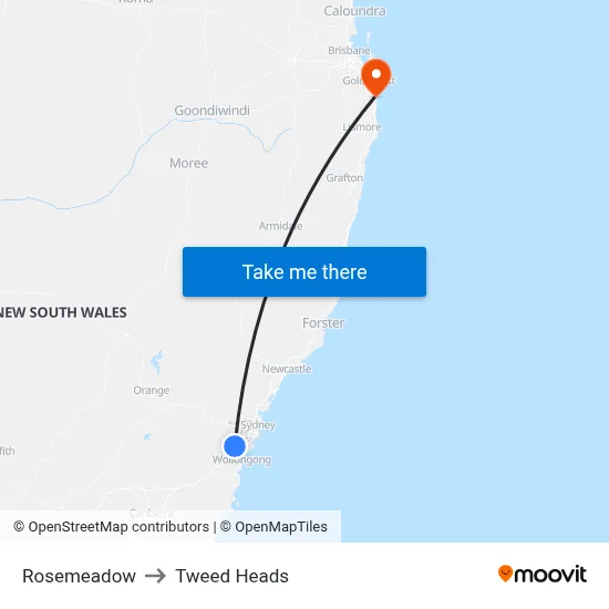 Rosemeadow to Tweed Heads map