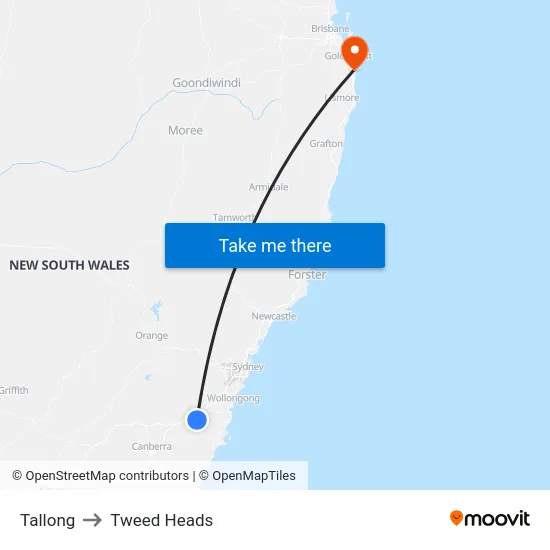 Tallong to Tweed Heads map