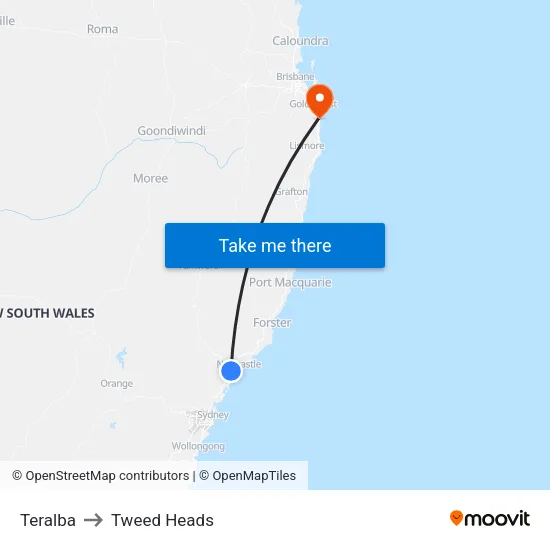 Teralba to Tweed Heads map