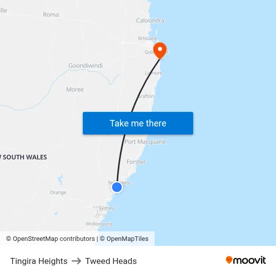 Tingira Heights to Tweed Heads map