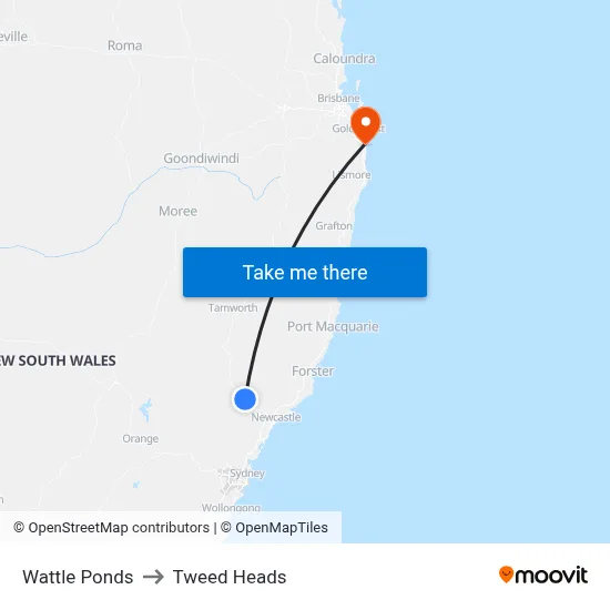 Wattle Ponds to Tweed Heads map