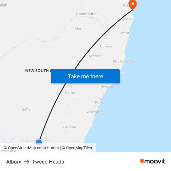 Albury to Tweed Heads map