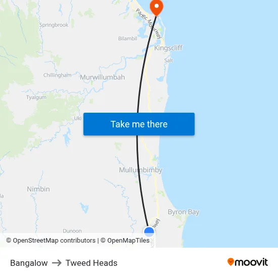 Bangalow to Tweed Heads map