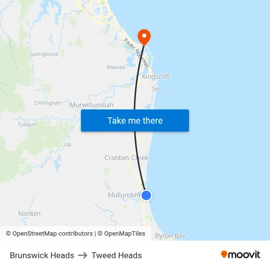 Brunswick Heads to Tweed Heads map