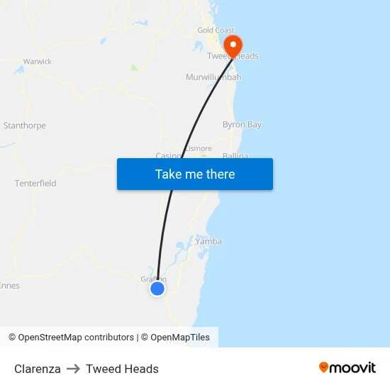 Clarenza to Tweed Heads map