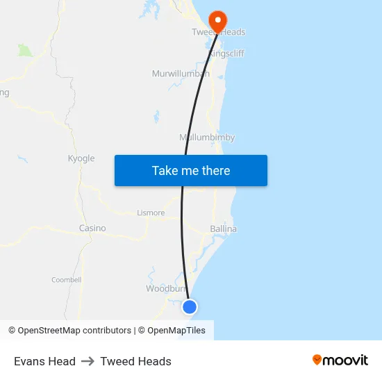 Evans Head to Tweed Heads map