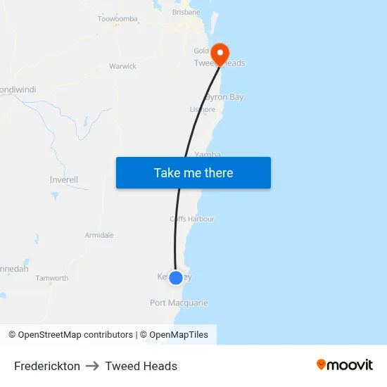 Frederickton to Tweed Heads map