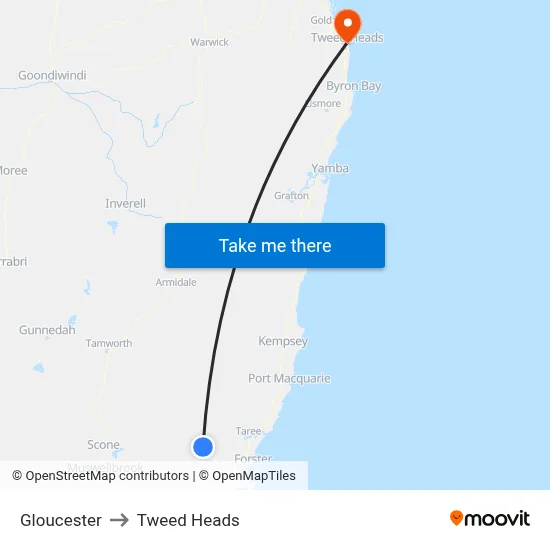 Gloucester to Tweed Heads map