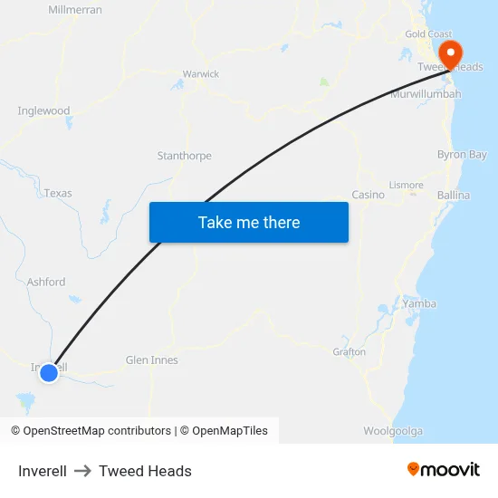 Inverell to Tweed Heads map