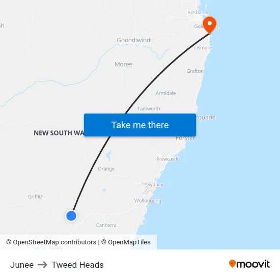 Junee to Tweed Heads map