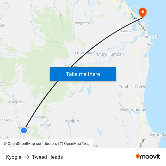 Kyogle to Tweed Heads map