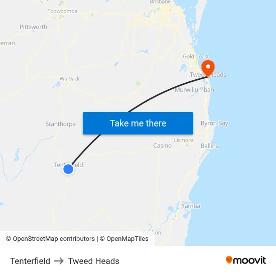 Tenterfield to Tweed Heads map