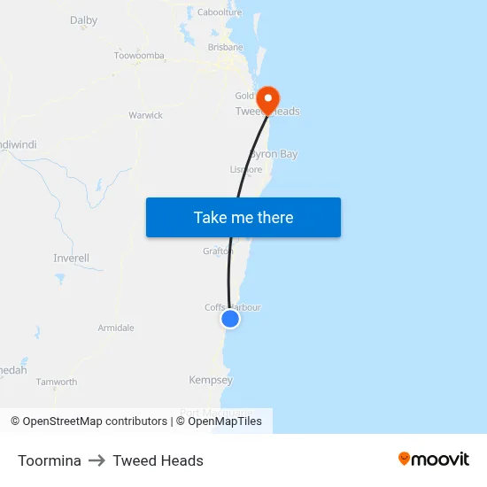 Toormina to Tweed Heads map