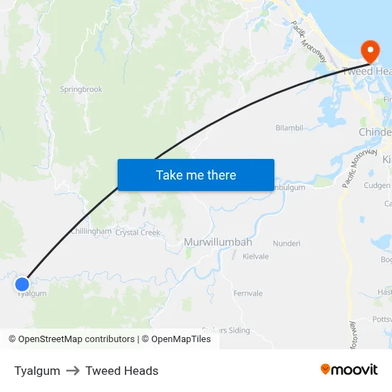 Tyalgum to Tweed Heads map
