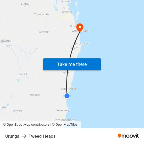 Urunga to Tweed Heads map